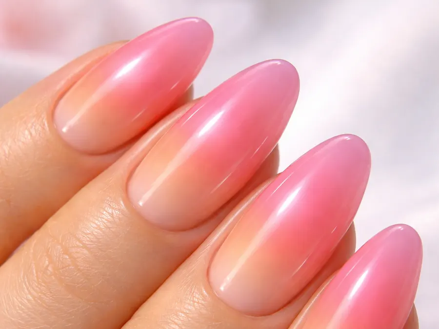 Soft pink aura gradient almond full set by Nails Unlimited in Sugar Land, TX