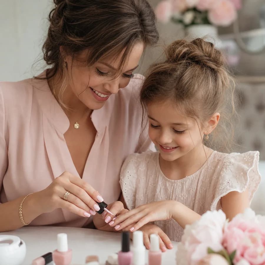 Two pairs of hands, one older and one younger, resting side by side with soft blush manicures on ivory fabric. Generated image for Nails Unlimited, not a photo of clients.