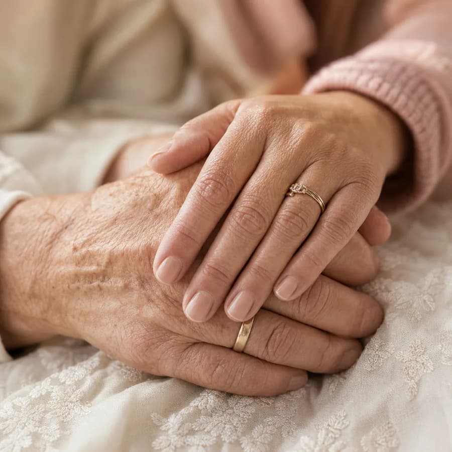 Close-up of two manicured hands resting together on soft fabric in warm cream and rose tones, suggesting a long and trusted relationship. Generated image for Nails Unlimited, not a photo of a client.