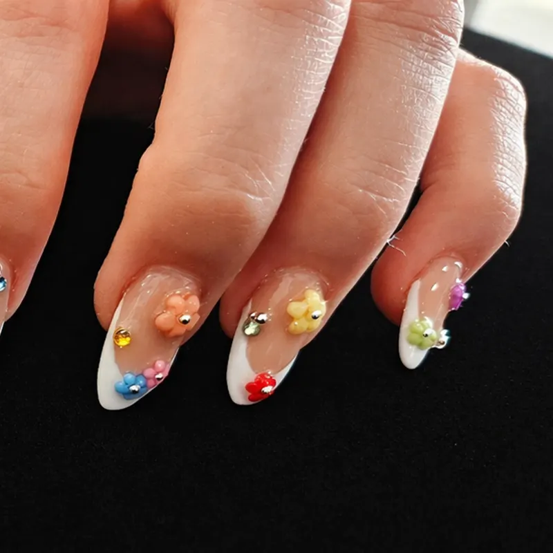 Acrylic, French, 3D, design, floral, beads, gems, nail enhancements by Nails Unlimited in Sugar Land, TX