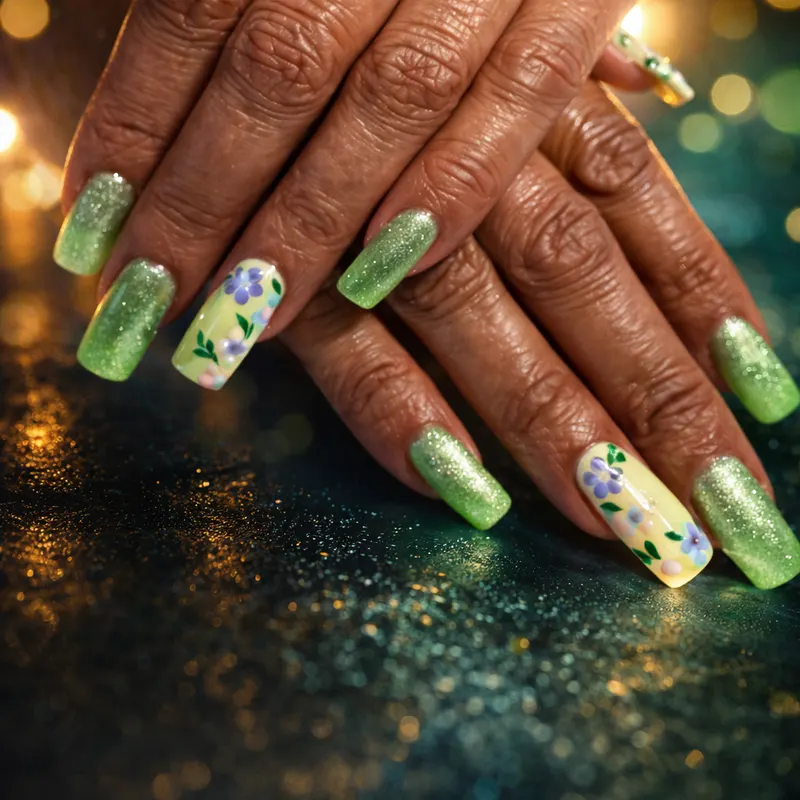 Builder gel, mettalic, chrome, nail art, floral by Nails Unlimited in Sugar Land, TX