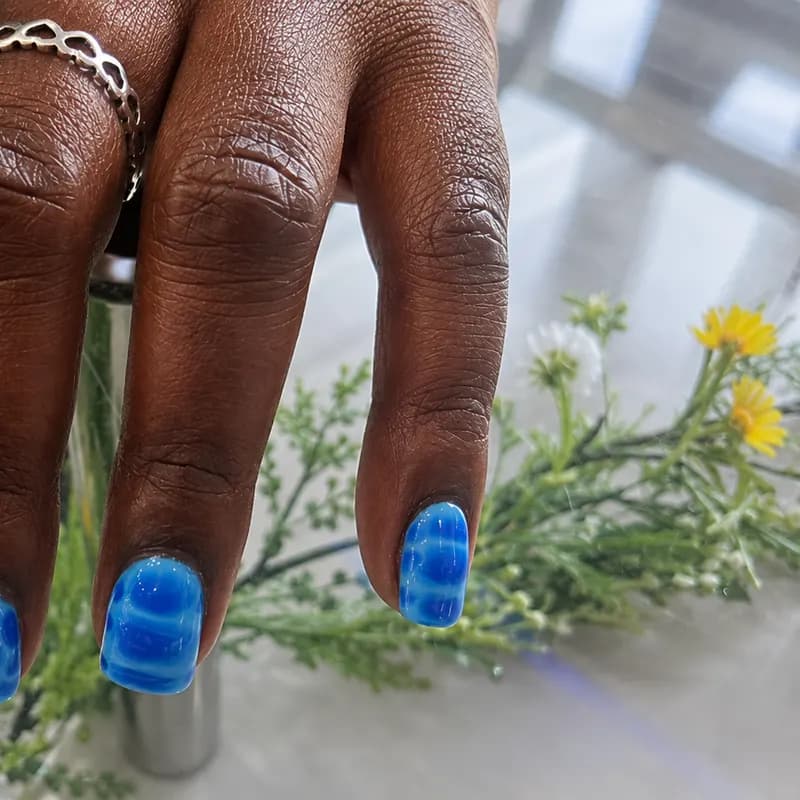 Builder gel, short set, blue, tortoiseshell, acrylic by Nails Unlimited in Sugar Land, TX