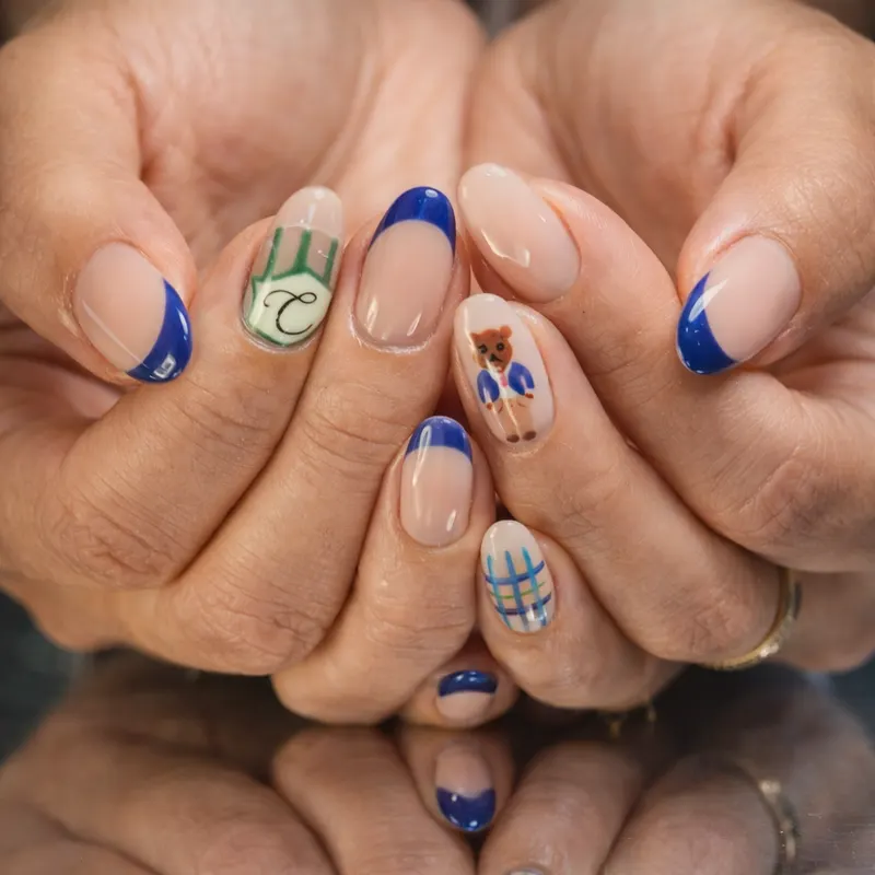 Nail enhancements, acrylic, French, bear, design by Nails Unlimited in Sugar Land, TX