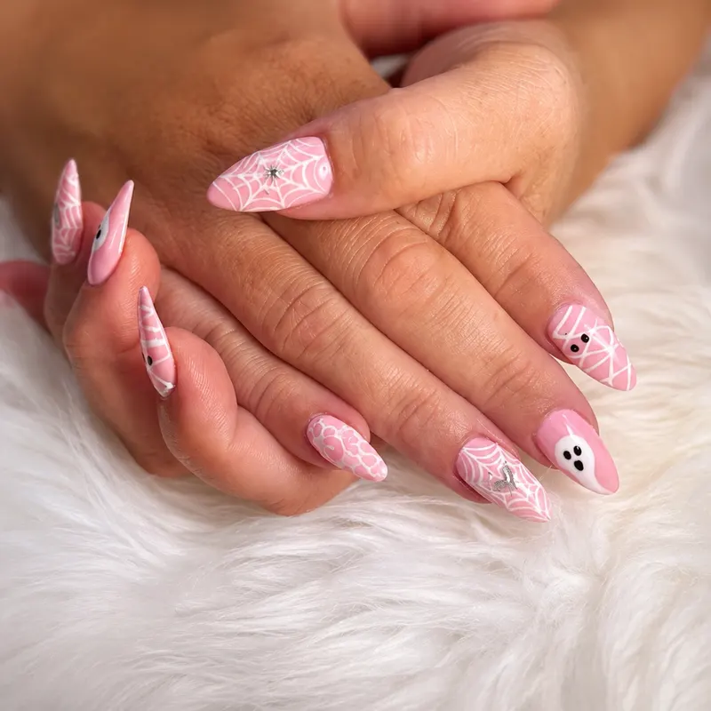 Nail enhancements, builder gel, acrylic, pink and white, spiderweb, gems, design, ghost by Nails Unlimited in Sugar Land, TX