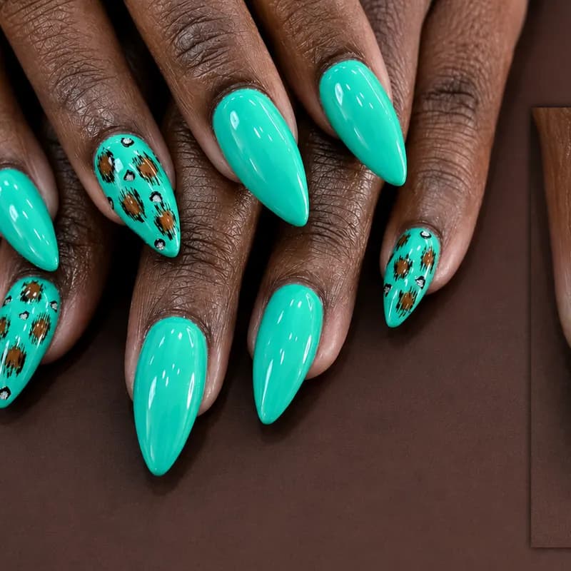 Nail enhancements, builder gel, leopard, mint, acrylic, turquoise by Nails Unlimited in Sugar Land, TX