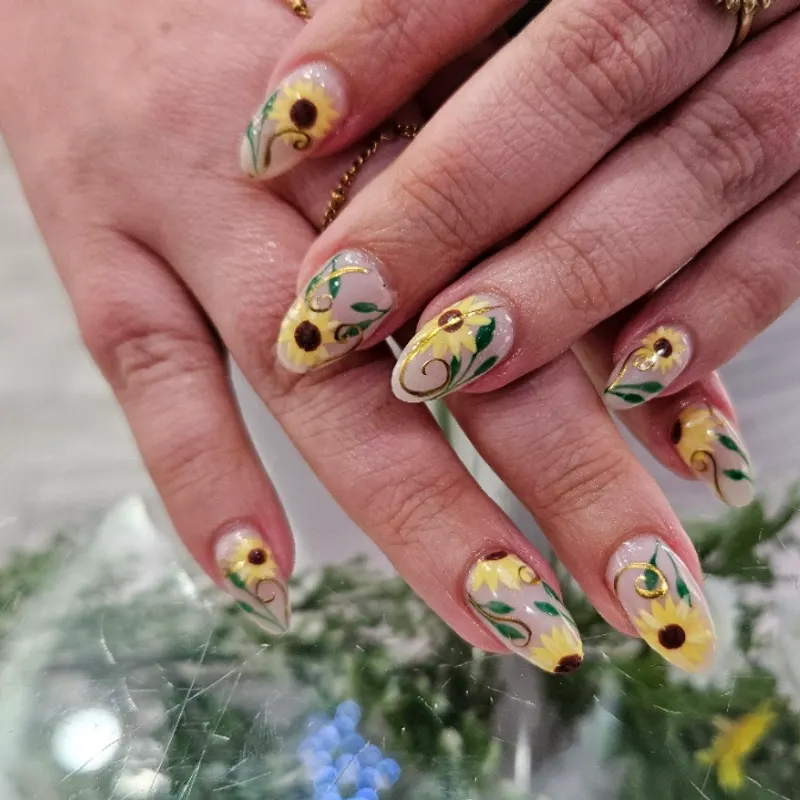 Nail enhancements, builder gel, sunflower, design, opaque, natural by Nails Unlimited in Sugar Land, TX