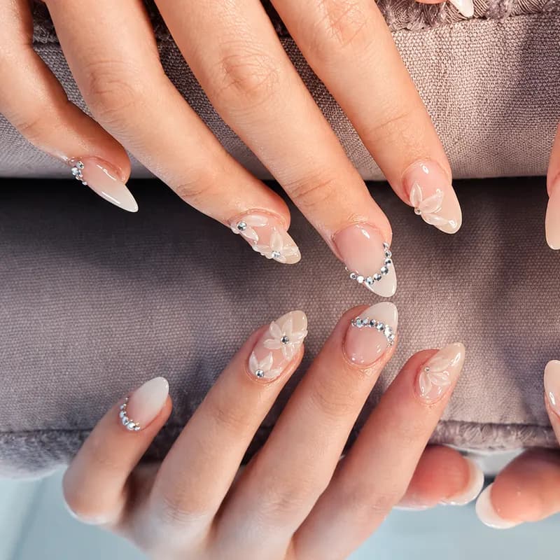 Nail enhancements, French, design, 3D, pearl, floral, jewels, builder gel, pink and white by Nails Unlimited in Sugar Land, TX