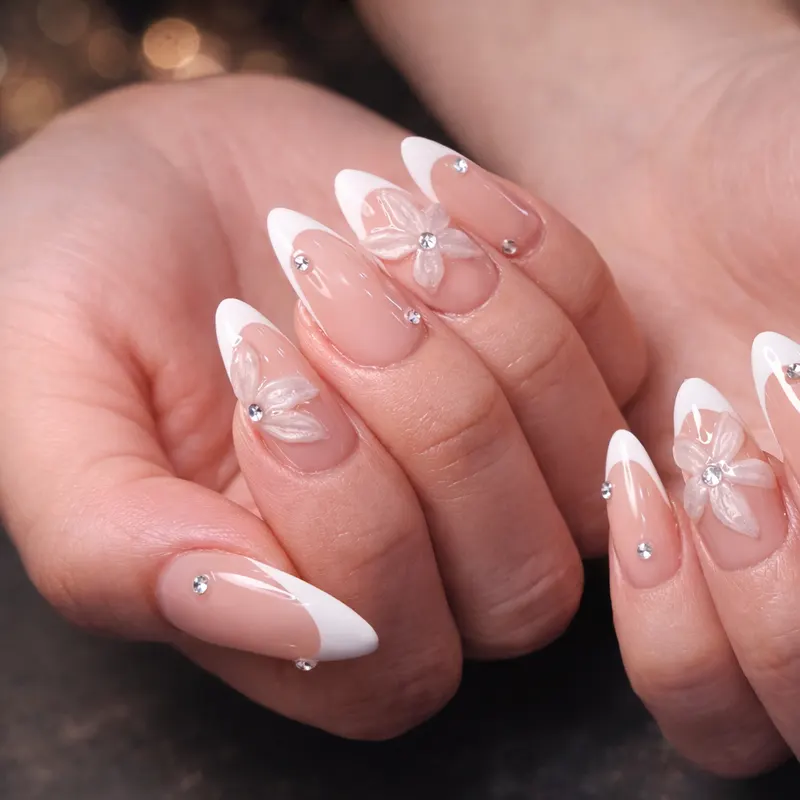 Nail enhancements, Gel-X, French, studs, 3D, jewel stones by Nails Unlimited in Sugar Land, TX