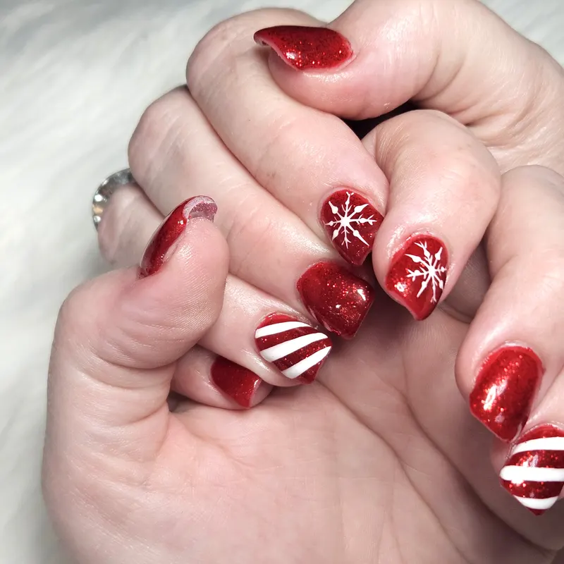 Gel, nail art, graphic design, Christmas by Nails Unlimited in Sugar Land, TX