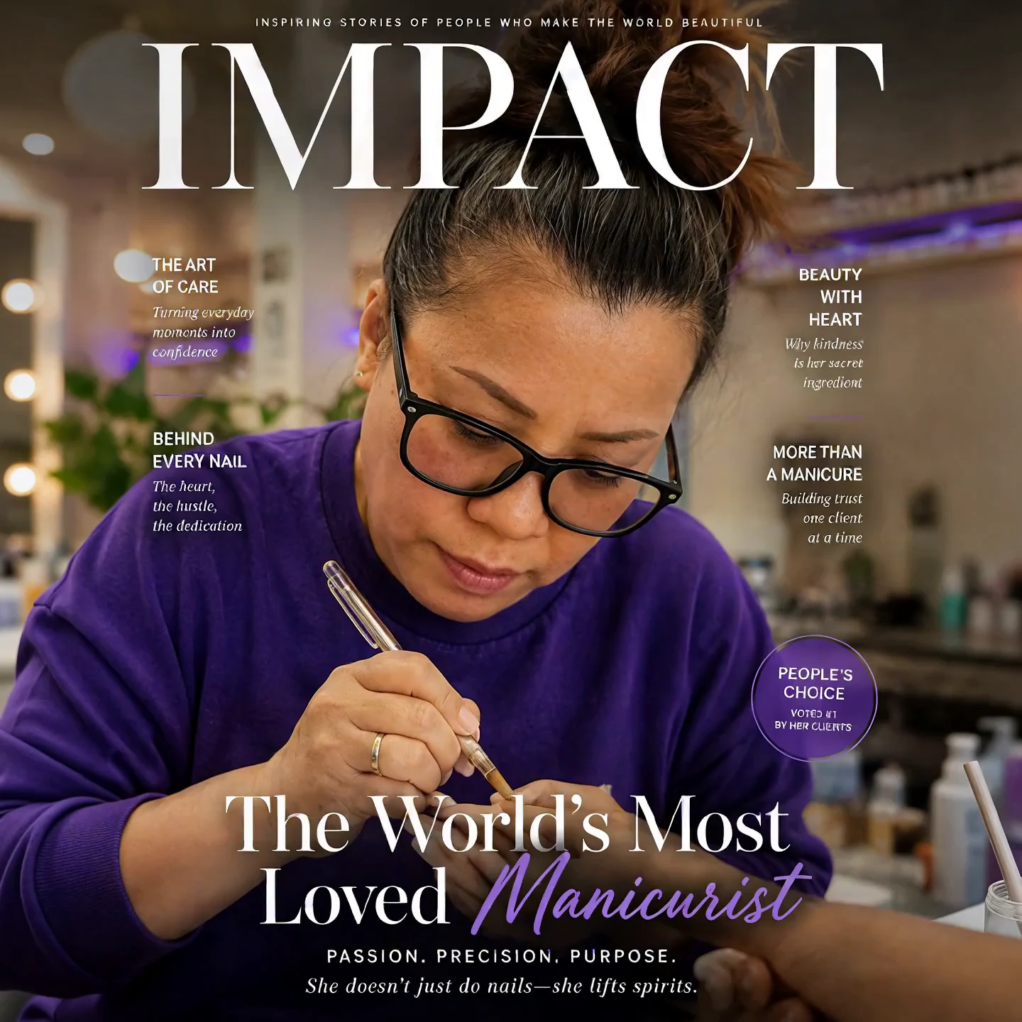 Julie, the nail technician behind Nails Unlimited, hand-painting a client's nails on a magazine-style cover celebrating her as “The World’s Most Loved Manicurist”