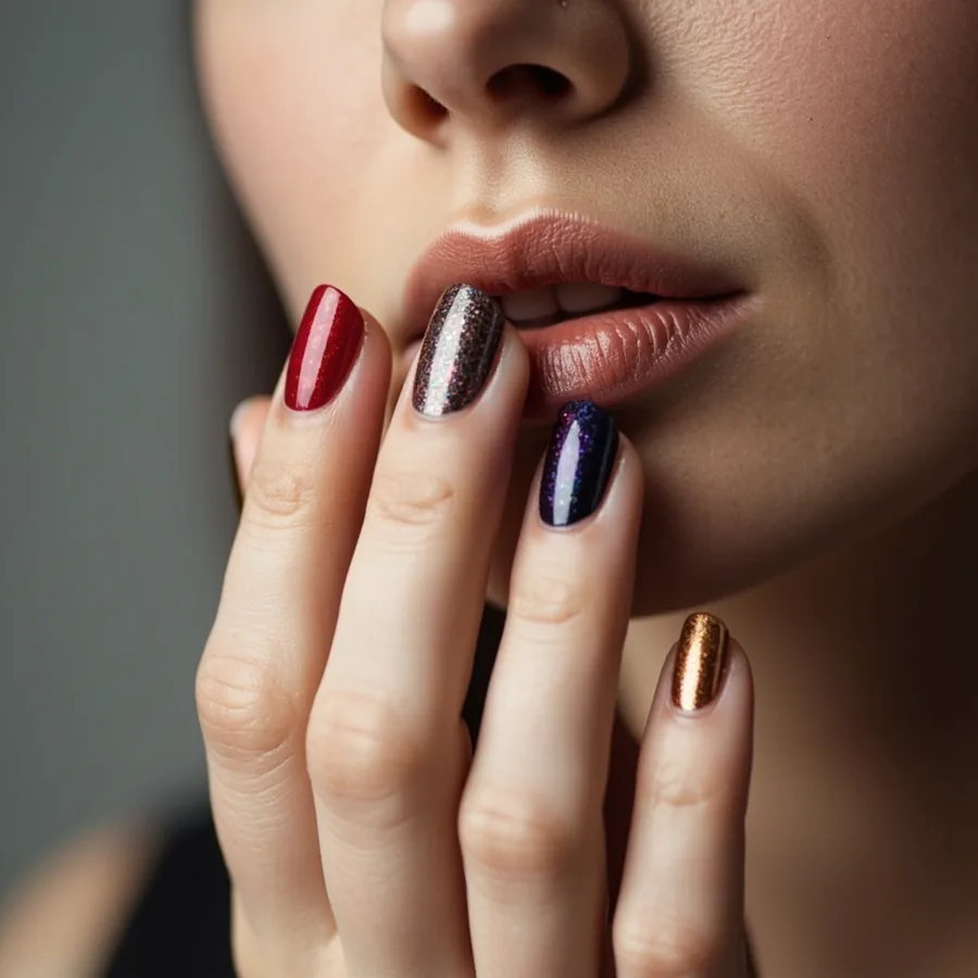 A hand held near a woman's lips with nails in red, charcoal glitter, navy and copper, softly lit. Generated image for Nails Unlimited, not a photo of a client.