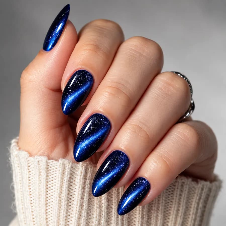 Long almond nails in midnight blue galaxy cat eye gel, each nail with a bright blue band of light and fine sparkle, on a hand resting against a cream knit sleeve.