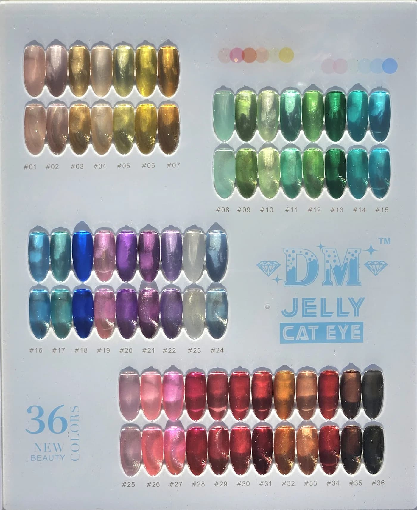 Display board of 36 jelly cat eye gel colors, each shown twice at different angles, in gold and nude, green and teal, blue and purple, and pink, red, brown and black.