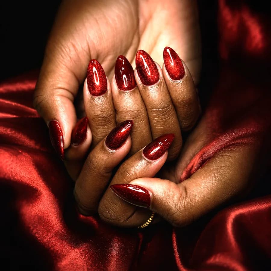 Deep red cat eye gel nails with a shifting metallic shimmer, photographed against red satin.