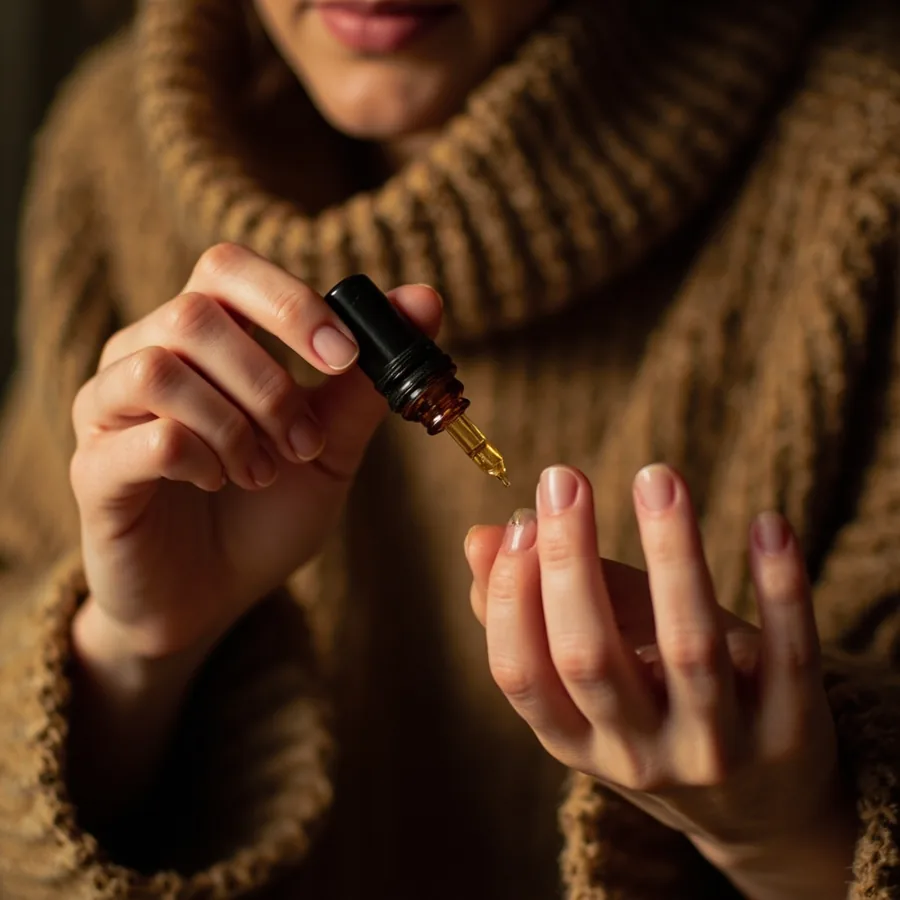 A woman in a brown ribbed sweater applying cuticle oil to her fingernails from a small amber dropper bottle in warm light. Generated image for Nails Unlimited, not a photo of a client.