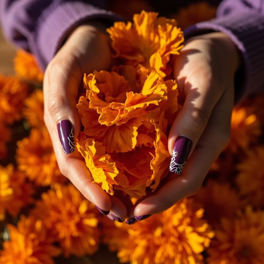 Hands holding fresh orange marigold petals, with dark purple nails decorated in fine white line art, surrounded by marigolds.