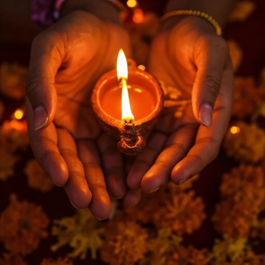 Two hands holding a lit clay diya lamp surrounded by marigold petals with soft festive lights behind. Generated image for Nails Unlimited, not a photo of a real event.