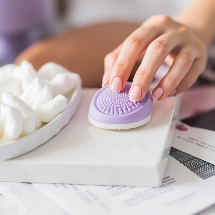 A hand with a soft nude manicure resting on a lilac buffing pad beside a dish of white cotton pads on a white tray.