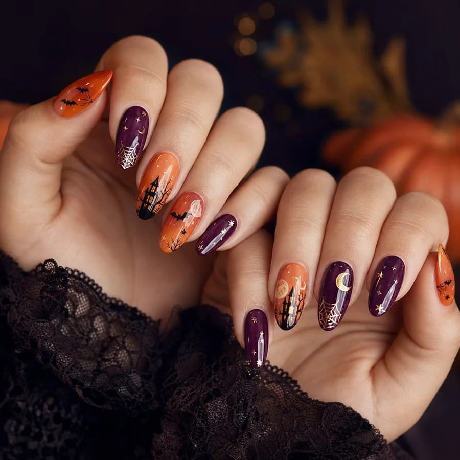 Close-up of a hand with stylish dark plum Halloween nail art and pumpkin orange accents, a small pumpkin softly blurred behind. Generated image for Nails Unlimited, not a photo of a client.
