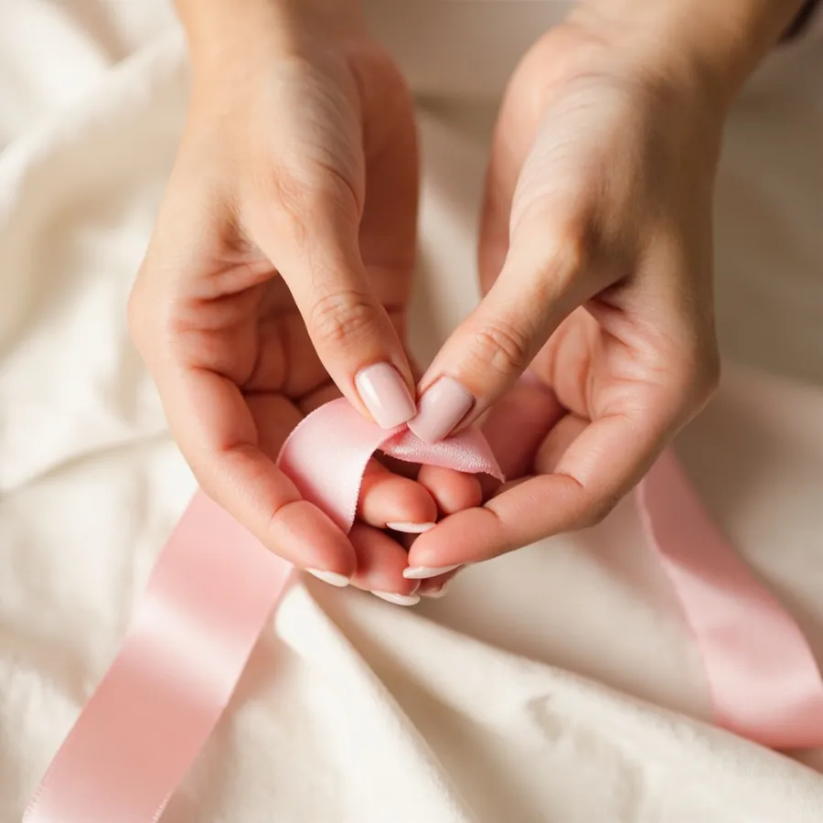 Hands with a soft blush pink manicure gently holding a pink satin ribbon on cream fabric.
