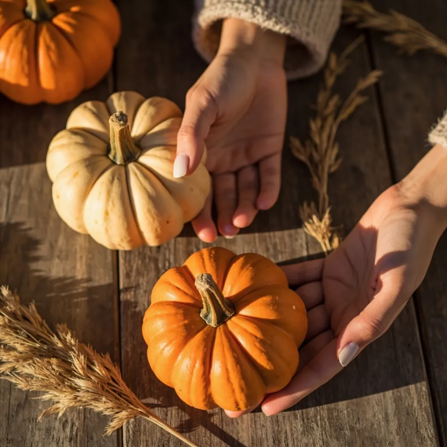 Two hands with soft neutral manicures resting on small orange and white pumpkins on a rustic wooden table with dried grasses.