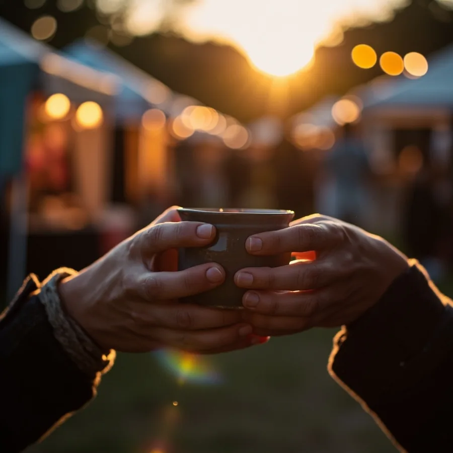 Two hands cradling a handmade ceramic cup at an outdoor arts festival in the evening, string lights and booths softly blurred. Generated image for Nails Unlimited, not a photo of a real event.