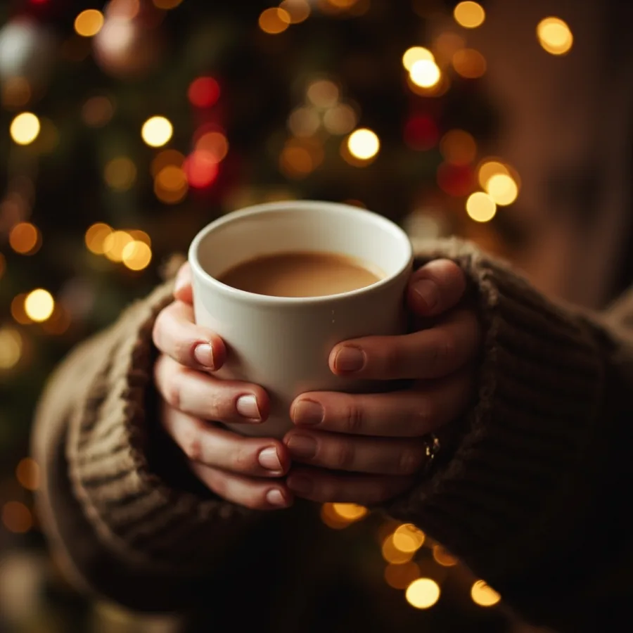 Two hands wrapped around a cup of hot chocolate in winter coat sleeves, with a softly glowing Christmas tree and lights blurred behind. Generated image for Nails Unlimited, not a photo of a real event.