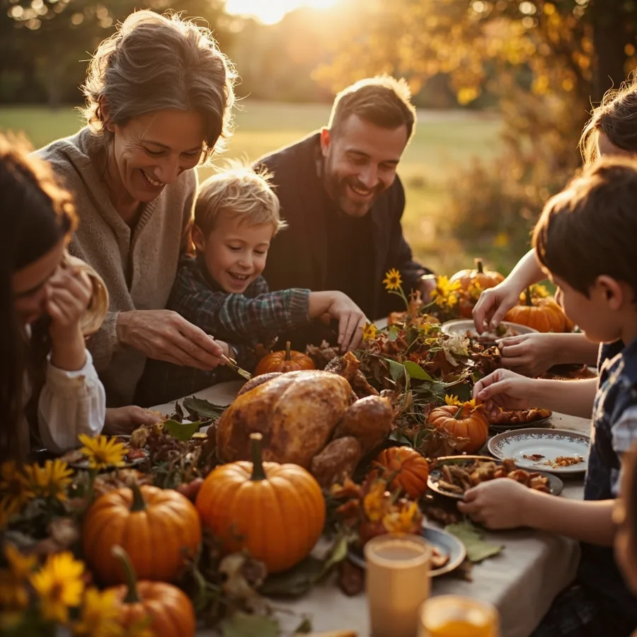 A family gathered around a harvest table with a roast turkey, small pumpkins and autumn flowers, smiling and passing dishes in golden light. Generated image, not a photo of real people.