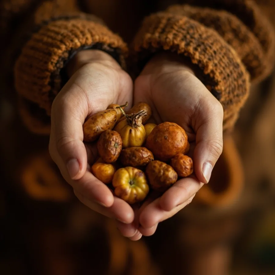 Two hands in a rust knit sweater cupped around small decorative gourds in warm autumn light. Generated image for Nails Unlimited, not a photo of a client.