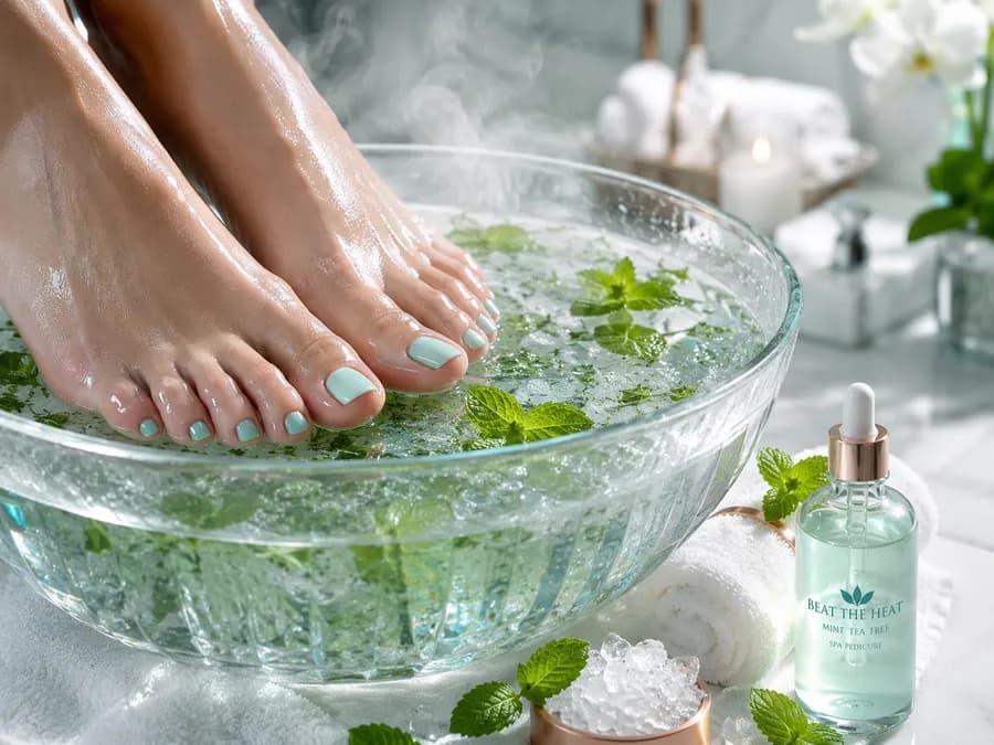 Beat the Heat Pedicure at Nails Unlimited in Sugar Land, TX — a mint tea tree sugar scrub and cooling treatment applied during a spa pedicure